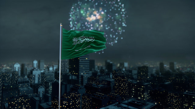 Saudi Arabia  Flag With Modern City Night Shot And Fireworks 3D Rendering