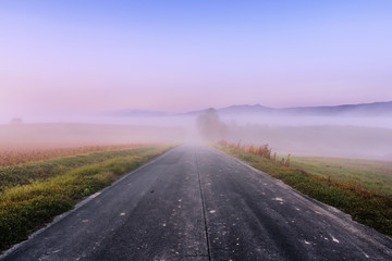 北海道・美瑛町 晩秋の朝霧に包まれる夜明け