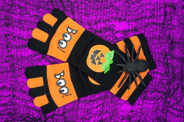 Black Spider and striped black and orange funny socks with pumpkins on bright purple background. Halloween Holiday celebration concept. Boo!