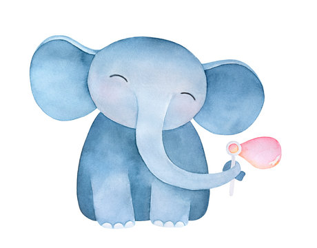 Cute standing baby elephant character blowing soap bubbles. Symbol of happiness. Hand painted water color graphic drawing, isolated element for creative design, card, invitation, baby room decoration.