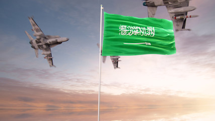  Saudi Arabia Flag With Air Force 3D Rendering