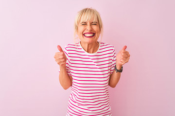 Middle age woman wearing striped t-shirt standing over isolated pink background excited for success...