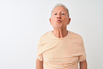 Senior grey-haired man wearing striped t-shirt standing over isolated white background looking at the camera blowing a kiss on air being lovely and sexy. Love expression.