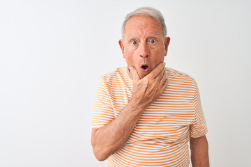 Senior grey-haired man wearing striped t-shirt standing over isolated white background Looking fascinated with disbelief, surprise and amazed expression with hands on chin