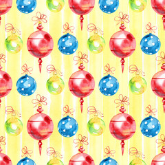 Seamless pattern with Christmas and New Year elements. Watercolor illustration.