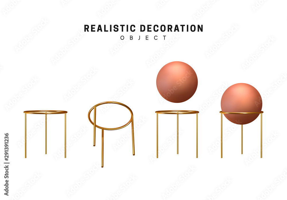 Aufkleber realistic 3d shape set of spheres and balls with stand for them. objects brown beige color of golden