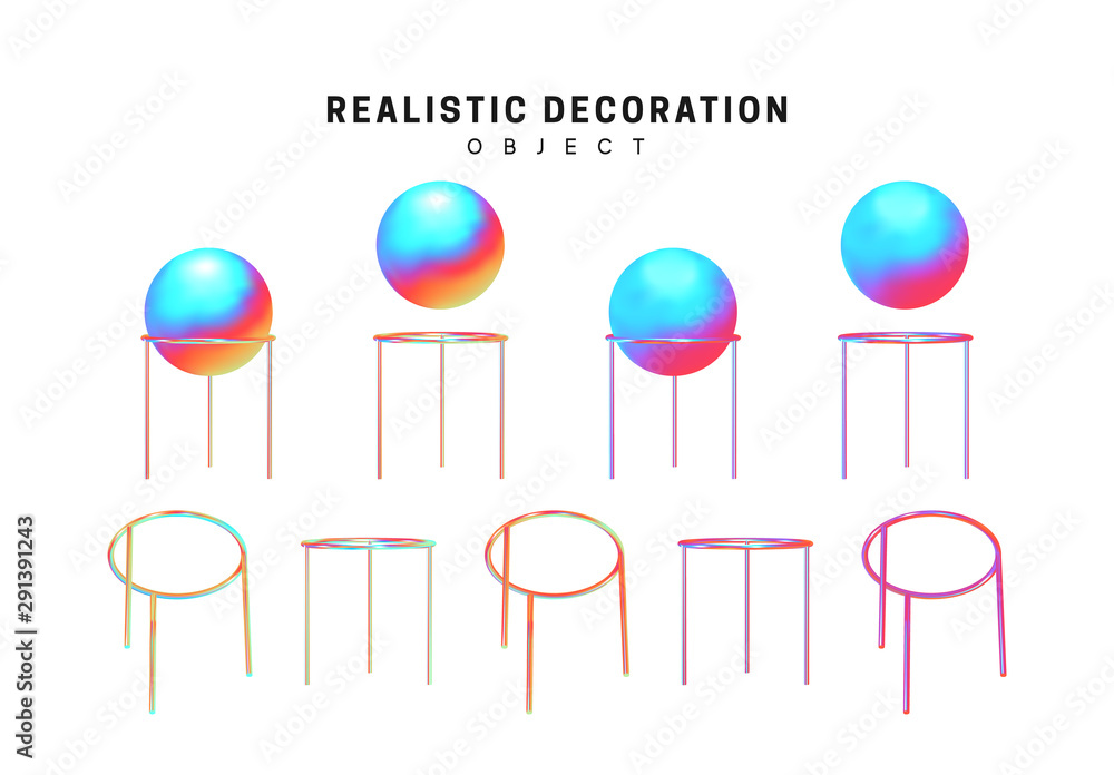 Poster Realistic 3d shape Set of Spheres and balls with stand for them. objects with gradient holographic color of hologram. Geometric decorative design element isolated white background. vector illustration