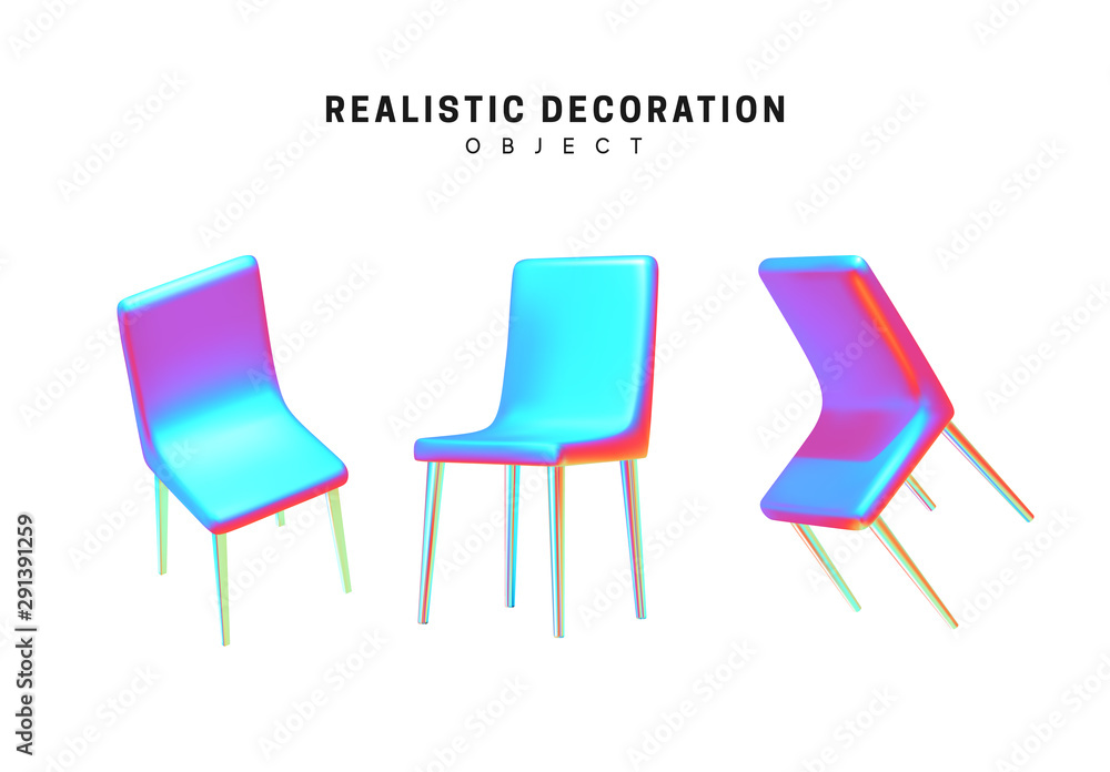 Poster set of chairs in color holographic gradient. realistic design elements, object in hologram color iso