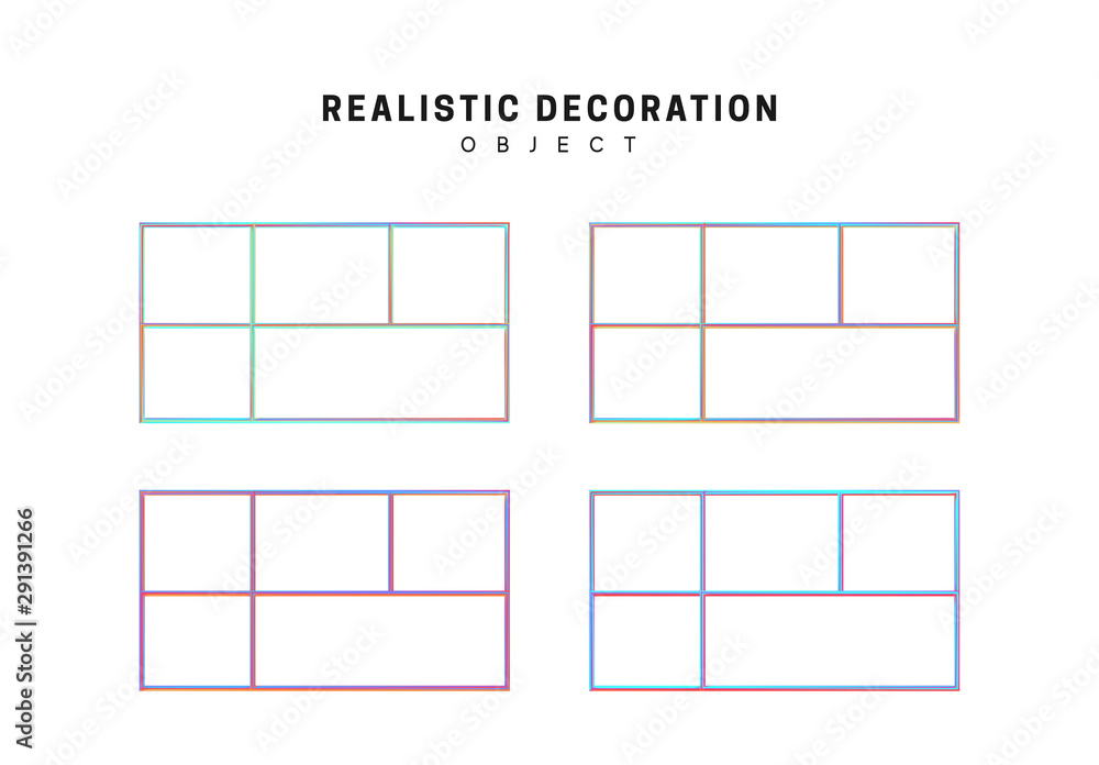 Poster set grid, rectangle and square. realistic 3d shape. objects with gradient holographic color of holog