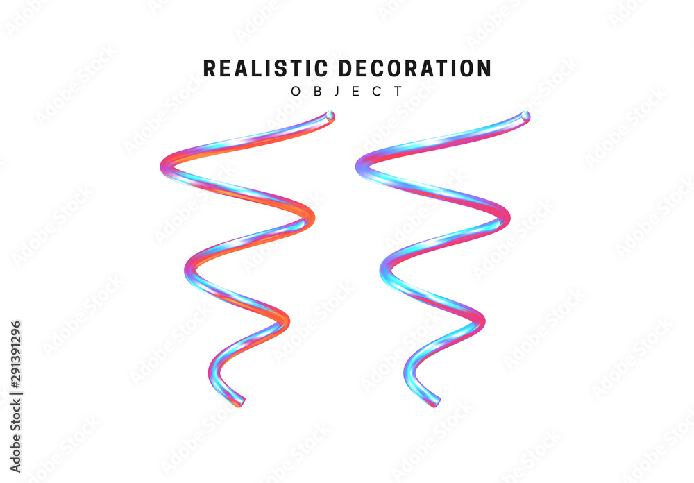 Poster spiral cone, twisted line. realistic 3d shape. objects with gradient holographic color of hologram. 
