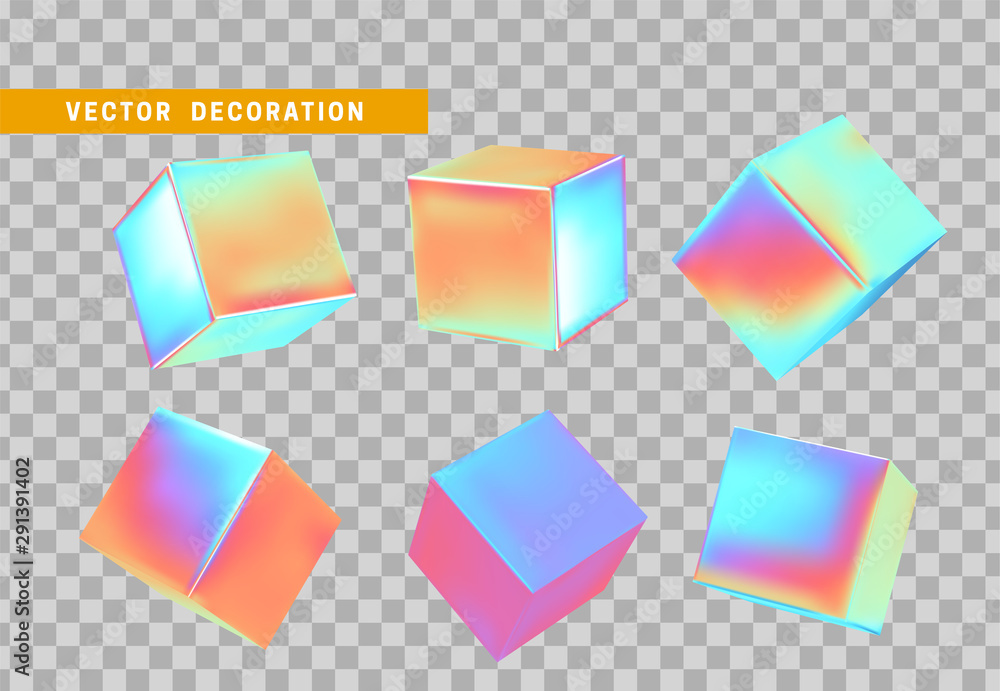 Poster cube 3d render, objects with gradient holographic color of hologram. geometric decorative design ele