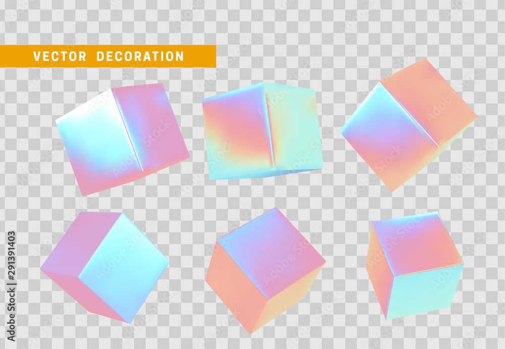 Poster cube 3d render, objects with gradient holographic color of hologram. geometric decorative design ele