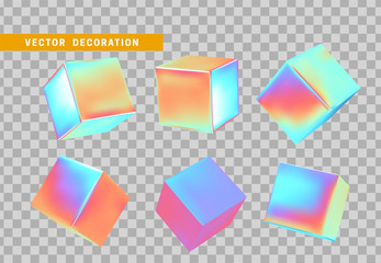 Cube 3d render, objects with gradient holographic color of hologram. Geometric decorative design elements. Set square block. Realistic isolated on a white background. vector illustration