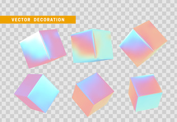 Cube 3d render, objects with gradient holographic color of hologram. Geometric decorative design elements. Set square block. Realistic isolated on a white background. vector illustration