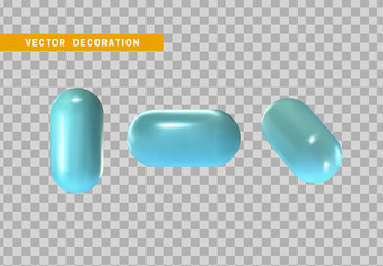 Set 3d blue capsule. Geometric Shapes Objects. Realistic geometry elements. plastic color gradient. Render Decorative figure for design. vector illustration on transparent background