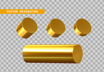 Set of 3d Golden Geometric Shapes Objects round steel, bar, metal round timber. Realistic geometry elements on metallic color gradient. Render Decorative gold figure for design. vector illustration