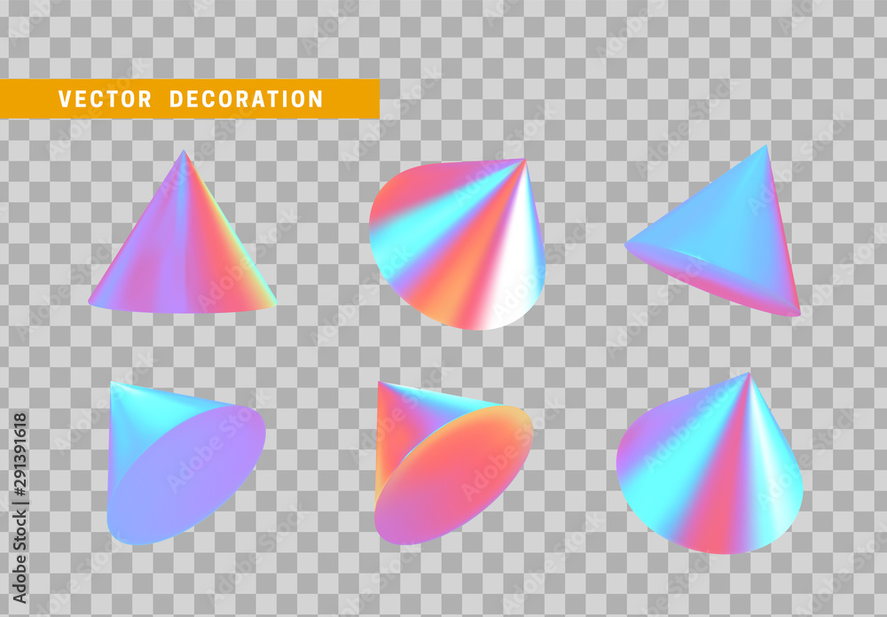 Poster sharp geometric cone cast volumetric. set 3d holographic geometric shapes objects. realistic geometr