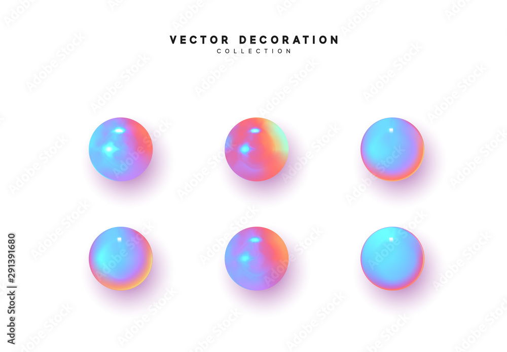 Poster set 3d object round sphere, ball with gradient holographic color of hologram. vector illustration
