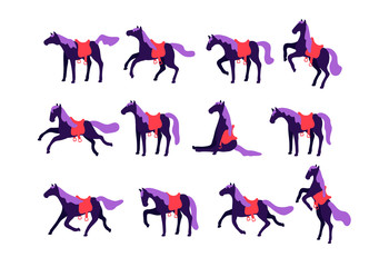 Set of vector horses isolated on white background. A collection of purebred thoroughbred horses in a flat modern style.