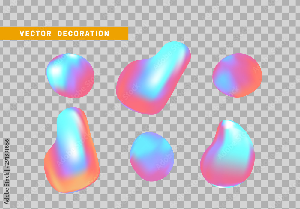 Poster shape liquid drops with colorful gradient. abstract 3d fluid objects with gradient holographic color