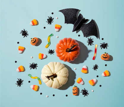 Pumpkins With Halloween Decorations - Overhead View Flat Lay