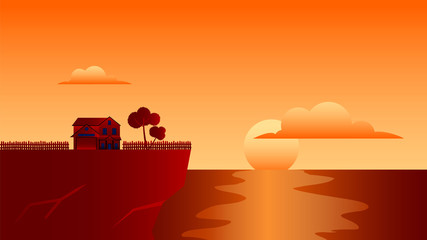 Fototapeta na wymiar sunset at sea cliff house illustration