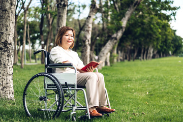 Senior adult elderly asia women sit on wheelchair and reading book outdoor