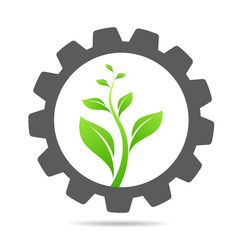 gear and leaf logo combination. Mechanic and eco symbol or icon