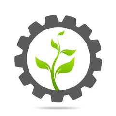 gear and leaf logo combination. Mechanic and eco symbol or icon