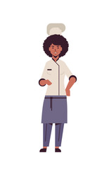 female professional chef cook standing pose african american woman restaurant kitchen worker in uniform cooking food concept flat full length vertical