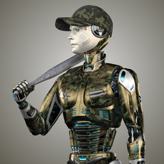 Detailed military robot or futuristic humanoid with baseball bat or smooth metal club. Upper body isolated on color background. 3d render