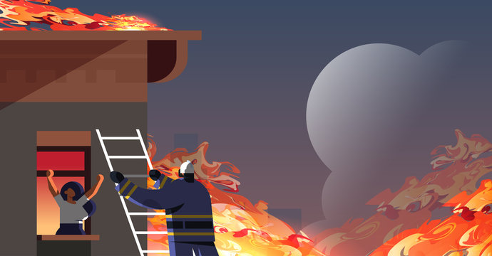 brave fireman climbing ladder firefighter rescuing woman in burning house firefighting emergency service extinguishing fire concept orange flame background flat portrait horizontal