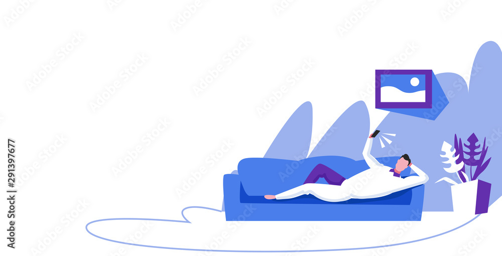 Aufkleber man taking selfie on smartphone camera guy lying on couch social media networks communication concep