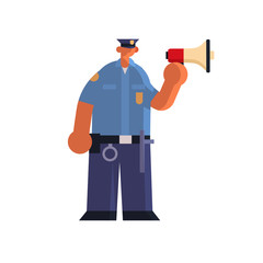 male police officer yelling through megaphone poliwoman in uniform using loudspeaker security authority justice law service concept flat full length