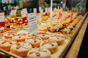 cakes on display at market