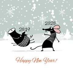 Christmas card with funny mouse, symbol of 2020 year and pig, symbol of 2019