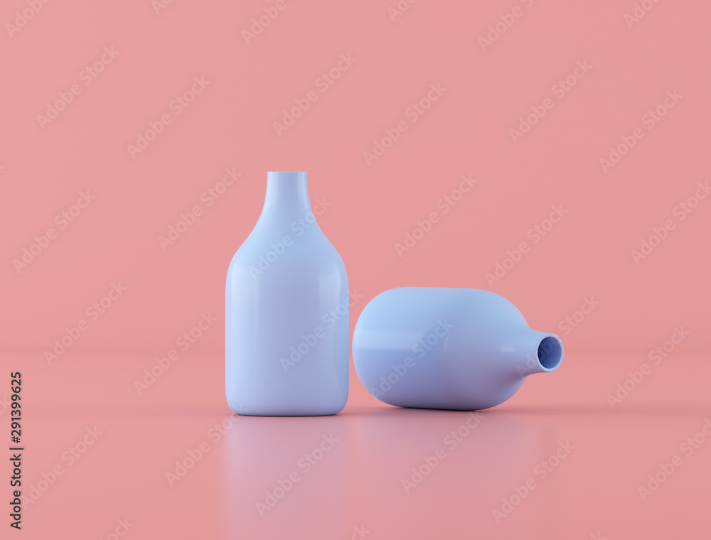 Poster Mock up of blue bottles on pink background, Minimal style,Isolate object. 3D rendering