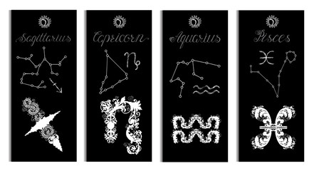 Poster with Sagittarius, Capricorn, Aquarius and Pisces Zodiac Sign and constellation. Collection of astrological symbols in victorian style. Design set with vector illustration for Horoscope