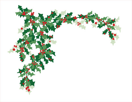 Christmas design element of green holly leaves and red berries in pretty  corner border illustration