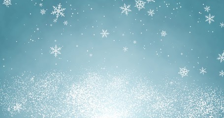 Snowflakes and bokeh lights on the blue Merry Christmas background. 3D render