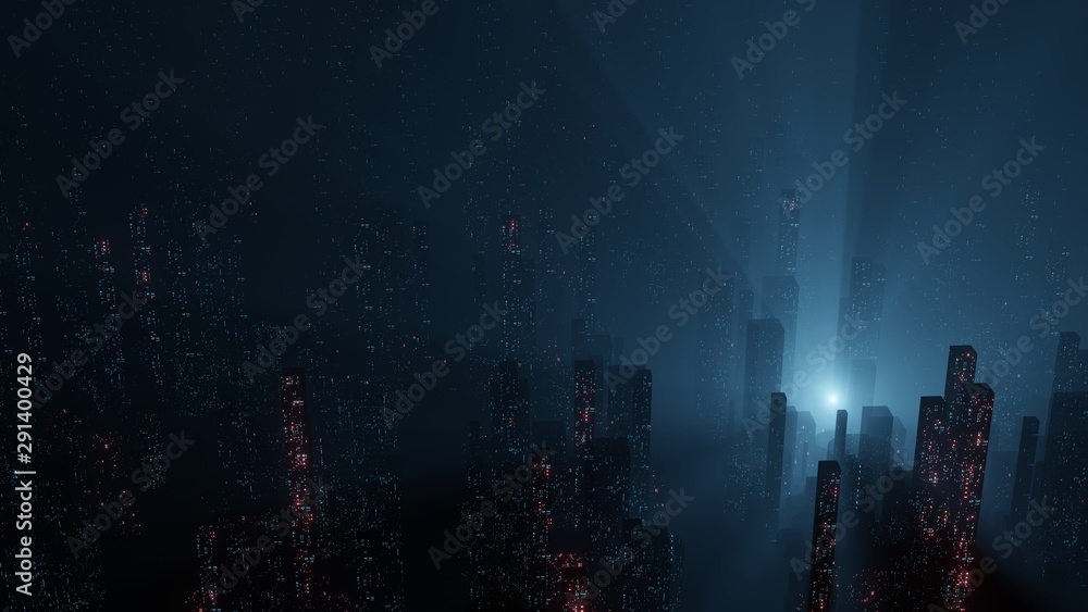 Poster 3d rendering of abstract digital city with sky scrapping towers and glowing dots binary data in fogg