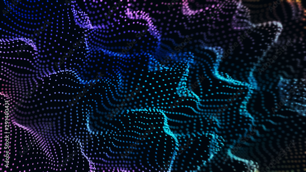 Poster 3d rendering of abstract wavy dots forming sound wave curve slope with gradient color glowing. conce