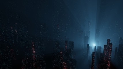 3D Rendering of abstract digital city with sky scrapping towers and glowing dots binary data in foggy ray light. Concept of big data, machine learning, artificial intelligence, virtual reality