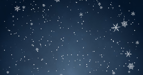 Snowflakes and bokeh lights on the blue Merry Christmas background. 3D render