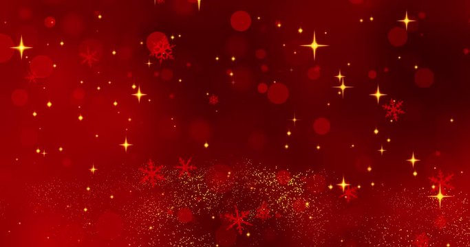 Red confetti, snowflakes and bokeh lights on the red Christmas background.