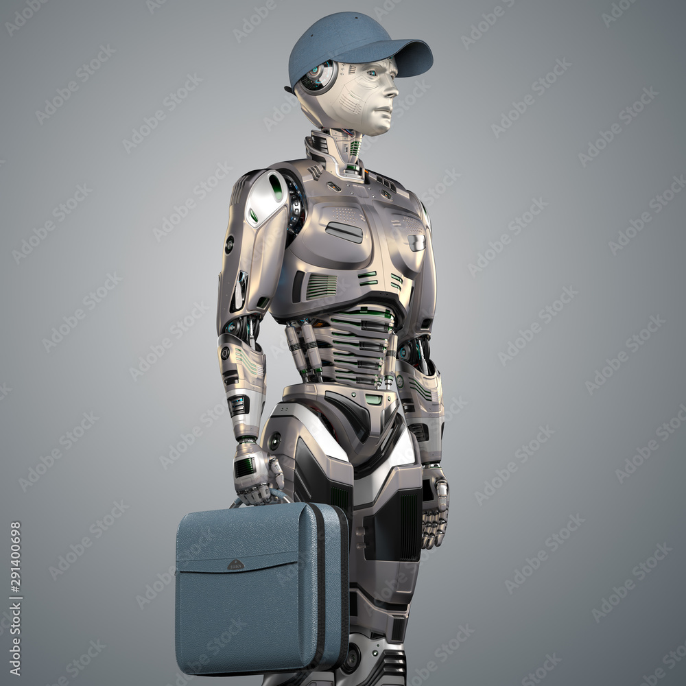 Poster futuristic humanoid businessman or detailed android worker standing with a bag. isolated on color ba