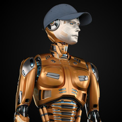 Portrait of a young futuristic humanoid or android cyborg in a baseball cap. Upper body isolated on black background. 3d render 