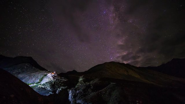 Dark star sky and milky way rising above Diskit Monastery, Nubra Valley, Ladakh