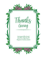 Lettering invitation card of thanksgiving, with pattern wallpaper of purple flower frame. Vector