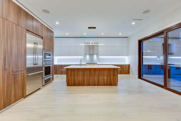 Interior design of a modern kitchen in the newly built house  with stainless steel appliances.